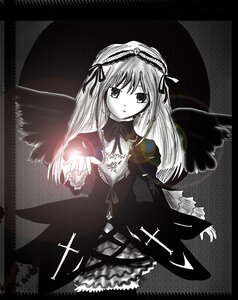 Rating: Safe Score: 0 Tags: 1girl black_wings dress frills hairband image lolita_hairband long_hair long_sleeves looking_at_viewer monochrome ribbon solo suigintou wings User: admin