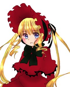 Rating: Safe Score: 0 Tags: 1girl blonde_hair blue_eyes blush bonnet bow bowtie capelet dress image long_hair long_sleeves looking_at_viewer red_dress shinku simple_background solo twintails upper_body white_background User: admin