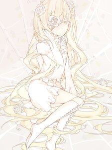 Rating: Safe Score: 0 Tags: 1girl blonde_hair boots dress flower frills hair_flower hair_ornament image kirakishou knee_boots long_hair long_sleeves rose sitting solo thigh_boots very_long_hair white_flower yellow_eyes User: admin