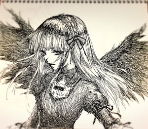 Rating: Safe Score: 0 Tags: 1girl bangs closed_mouth dress feathered_wings feathers half-closed_eyes image long_hair long_sleeves monochrome solo suigintou upper_body wings User: admin
