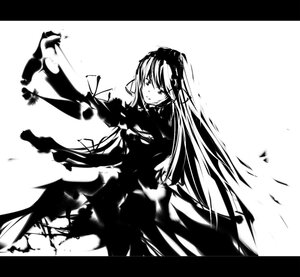 Rating: Safe Score: 0 Tags: 1girl black_border dress greyscale hair_ornament hair_ribbon image letterboxed long_hair looking_at_viewer monochrome ribbon simple_background solo suigintou torn_clothes white_background User: admin