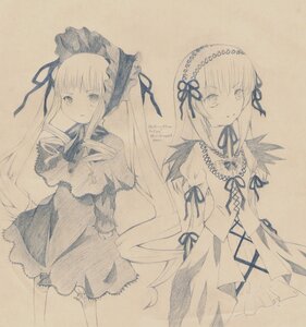 Rating: Safe Score: 0 Tags: 1girl dress frills hairband image long_hair long_sleeves looking_at_viewer monochrome pair ribbon shinku simple_background suigintou traditional_media wings User: admin