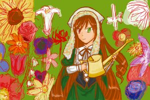 Rating: Safe Score: 0 Tags: 1girl brown_hair bug butterfly dress floral_background flower green_dress green_eyes heterochromia image insect long_hair long_sleeves looking_at_viewer neck_ribbon red_eyes red_flower ribbon rose smile solo suiseiseki very_long_hair watering_can yellow_flower User: admin