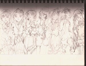 Rating: Safe Score: 0 Tags: 6+girls auto_tagged bow dress hair_ornament hat image long_hair long_sleeves looking_at_viewer monochrome multiple multiple_girls short_hair sketch smile souseiseki suiseiseki tagme twintails User: admin