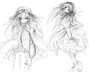 Rating: Safe Score: 0 Tags: 1girl dress greyscale image long_hair long_sleeves looking_at_viewer monochrome simple_background sketch solo standing suigintou white_background User: admin