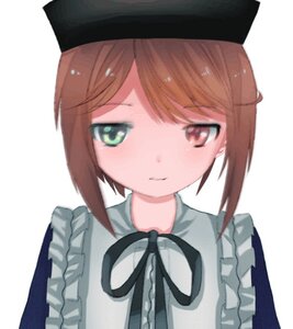 Rating: Safe Score: 0 Tags: 1girl apron bangs black_headwear blush brown_eyes brown_hair closed_mouth dress eyebrows_visible_through_hair frills green_eyes hat image looking_at_viewer ribbon simple_background solo souseiseki upper_body white_background User: admin