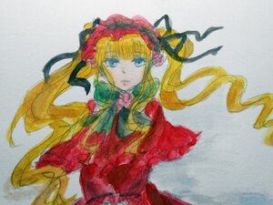 Rating: Safe Score: 0 Tags: 1girl 86800 bangs blonde_hair blue_eyes bonnet bow dress flower green_bow image long_hair long_sleeves looking_at_viewer red_dress rose shinku simple_background solo traditional_media twintails upper_body User: admin