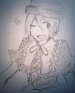 Rating: Safe Score: 0 Tags: 1girl frills hat image long_sleeves looking_at_viewer monochrome one_eye_closed open_mouth photo ribbon short_hair sketch smile solo souseiseki star_(symbol) traditional_media upper_body User: admin