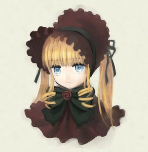 Rating: Safe Score: 0 Tags: 1girl bangs blonde_hair blue_eyes bonnet bow bowtie capelet dress drill_hair flower green_bow image long_hair looking_at_viewer ribbon rose shinku simple_background solo twintails upper_body User: admin