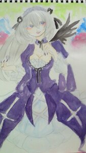 Rating: Safe Score: 0 Tags: 1girl black_wings breasts cleavage detached_collar dress frills image long_hair long_sleeves medium_breasts silver_hair solo suigintou traditional_media very_long_hair watercolor_(medium) wings User: admin