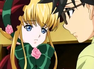 Rating: Safe Score: 0 Tags: 1boy 1girl blonde_hair blue_eyes bonnet bow flower green_bow image long_hair looking_at_another pink_flower pink_rose red_rose rose shinku sidelocks simple_background solo User: admin