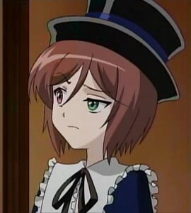 Rating: Safe Score: 0 Tags: 1girl bangs brown_hair closed_mouth eyebrows_visible_through_hair frills frown green_eyes hat image ribbon short_hair solo souseiseki User: admin