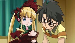 Rating: Safe Score: 0 Tags: 1boy 1girl black_hair blonde_hair blue_eyes bonnet bow bowtie dress glasses green_bow green_neckwear image long_hair long_sleeves open_mouth red_dress rose shinku sidelocks solo twintails User: admin