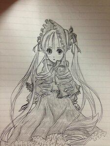 Rating: Safe Score: 0 Tags: 1girl dress frills greyscale image long_hair long_sleeves looking_at_viewer monochrome shinku solo traditional_media twintails very_long_hair User: admin