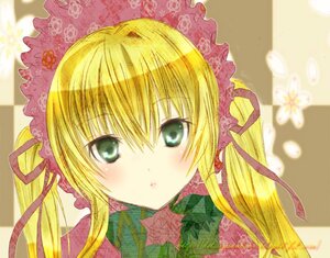 Rating: Safe Score: 0 Tags: 1girl :< blonde_hair blush bonnet checkered checkered_background checkered_floor frills green_eyes hair_ribbon image long_hair looking_at_viewer portrait ribbon shinku solo twintails User: admin