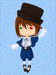 Rating: Safe Score: 0 Tags: 1girl black_headwear blue_background brown_hair chibi floral_background flower full_body hat heterochromia image long_sleeves looking_at_viewer pants red_eyes rose short_hair smile solo souseiseki standing top_hat white_rose User: admin