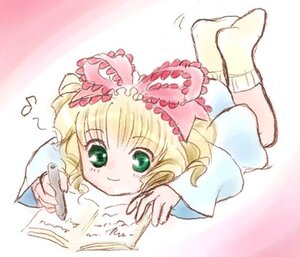 Rating: Safe Score: 0 Tags: 1girl blonde_hair blush book bow dress eighth_note full_body green_eyes hina_ichigo hinaichigo image long_sleeves looking_at_viewer lying musical_note on_stomach open_book pink_bow reading smile socks solo User: admin