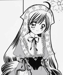 Rating: Safe Score: 0 Tags: 1girl ahoge blush dress frills greyscale image long_hair long_sleeves looking_at_viewer monochrome ribbon smile solo suiseiseki traditional_media very_long_hair User: admin