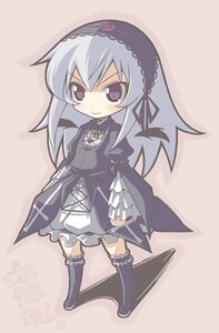 Rating: Safe Score: 0 Tags: 1girl blush chibi dress frills full_body hairband image knee_boots kneehighs lolita_fashion long_hair long_sleeves looking_at_viewer purple_eyes silver_hair simple_background solo standing suigintou wings User: admin