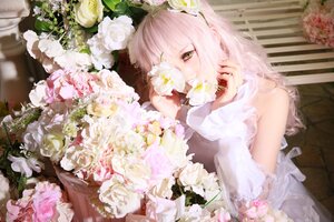 Rating: Safe Score: 0 Tags: 1girl bangs bare_shoulders dress flower kirakishou long_hair looking_at_viewer pink_hair pink_rose rose sitting solo white_flower white_rose yellow_eyes User: admin