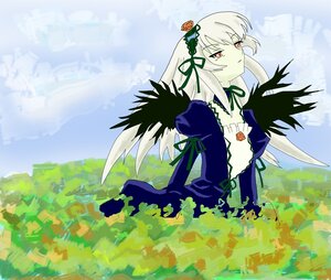 Rating: Safe Score: 0 Tags: 1girl black_dress black_ribbon black_wings detached_collar dress flower frills hairband image long_sleeves outdoors puffy_sleeves red_eyes ribbon silver_hair sky solo suigintou wings User: admin