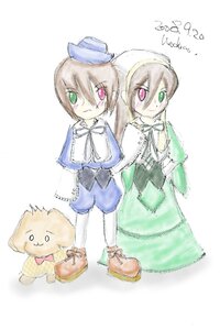 Rating: Safe Score: 0 Tags: 2girls blue_dress bow bowtie brown_hair dress frills green_dress green_eyes hat head_scarf heterochromia image long_sleeves looking_at_viewer multiple_girls pair red_eyes ribbon short_hair siblings sisters smile souseiseki suiseiseki top_hat white_background User: admin