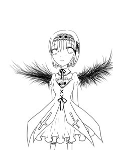 Rating: Safe Score: 0 Tags: 1girl alice_margatroid bare_shoulders closed_mouth dress eyebrows_visible_through_hair greyscale hairband image looking_at_viewer monochrome ribbon short_hair simple_background smile solo standing suigintou white_background wings User: admin