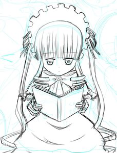 Rating: Safe Score: 0 Tags: 1girl bangs bowtie dress eyebrows_visible_through_hair frills holding image long_hair long_sleeves looking_at_viewer monochrome shinku sketch solo User: admin