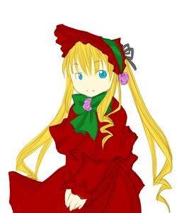 Rating: Safe Score: 0 Tags: 1girl blonde_hair blue_eyes bonnet bow bowtie capelet dress flower green_bow green_neckwear image long_hair long_sleeves looking_at_viewer pink_rose red_dress rose shinku sidelocks simple_background solo twintails white_background User: admin