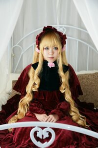 Rating: Safe Score: 0 Tags: 1girl blonde_hair blue_eyes dress flower lips long_hair long_sleeves looking_at_viewer red_dress rose shinku sitting solo very_long_hair User: admin