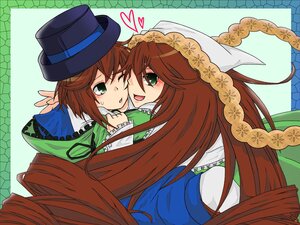 Rating: Safe Score: 0 Tags: 1boy brother_and_sister brown_hair dress green_eyes hat heart image long_hair multiple_girls one_eye_closed pair short_hair siblings sisters smile souseiseki suiseiseki top_hat twins User: admin