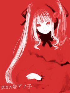 Rating: Safe Score: 0 Tags: 1girl closed_mouth dress image long_hair looking_at_viewer monochrome red_background red_theme shinku simple_background solo twintails User: admin