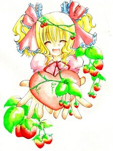 Rating: Safe Score: 0 Tags: 1girl blonde_hair cherry closed_eyes colored_pencil_(medium) flandre_scarlet food fruit grapes hinaichigo image leaf open_mouth smile solo strawberry traditional_media User: admin