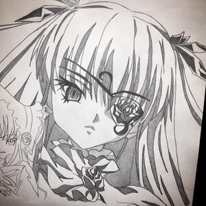 Rating: Safe Score: 0 Tags: 2girls barasuishou flower greyscale image long_hair looking_at_viewer monochrome multiple_girls ribbon rose shinku solo suigintou traditional_media User: admin