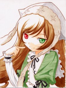 Rating: Safe Score: 0 Tags: 1girl artist_request bangs black_ribbon brown_hair dress frills green_dress green_eyes head_scarf heterochromia image index_finger_raised long_hair long_sleeves looking_at_viewer lowres red_eyes ribbon rozen_maiden simple_background smile solo suiseiseki upper_body very_long_hair white_background User: admin