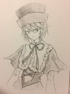 Rating: Safe Score: 0 Tags: 1girl capelet closed_mouth expressionless greyscale hat image long_sleeves looking_at_viewer monochrome neck_ribbon ribbon short_hair solo souseiseki traditional_media upper_body User: admin