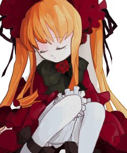 Rating: Safe Score: 0 Tags: 1girl blonde_hair bonnet bow bowtie closed_eyes dress flower image long_hair long_sleeves red_flower rose shinku simple_background sitting solo twintails white_background User: admin