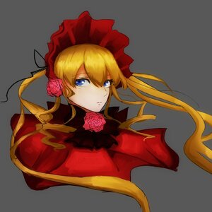 Rating: Safe Score: 0 Tags: 1girl bangs blonde_hair blue_eyes bonnet bow capelet closed_mouth flower grey_background image long_hair looking_at_viewer red_capelet red_dress red_flower red_rose rose shinku simple_background solo twintails upper_body User: admin