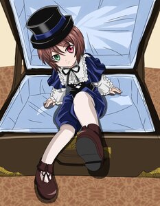Rating: Safe Score: 3 Tags: 1girl boots brown_hair commentary_request dress green_eyes hat heterochromia highres image long_sleeves looking_at_viewer pantyhose red_eyes ribbon rozen_maiden short_hair sitting smile solo souseiseki takumi_(rozen_garten) top_hat white_legwear User: admin