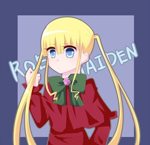 Rating: Safe Score: 0 Tags: 1girl bangs blonde_hair blue_eyes bow bowtie capelet character_name dress flower green_bow green_neckwear image long_hair long_sleeves looking_at_viewer rose shinku sidelocks simple_background solo twintails upper_body User: admin