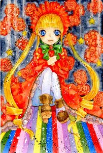 Rating: Safe Score: 0 Tags: 1girl bangs blonde_hair blue_eyes bonnet boots bow bowtie capelet dress flower frills green_bow image knee_boots long_hair long_sleeves looking_at_viewer marker_(medium) pantyhose red_capelet red_dress shinku sitting smile solo traditional_media twintails very_long_hair watercolor_(medium) white_legwear User: admin