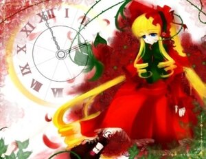 Rating: Safe Score: 0 Tags: 1girl blonde_hair blue_eyes blurry bonnet bow bowtie dress flower flying hat image long_hair long_sleeves looking_at_viewer petals red_dress shinku solo User: admin