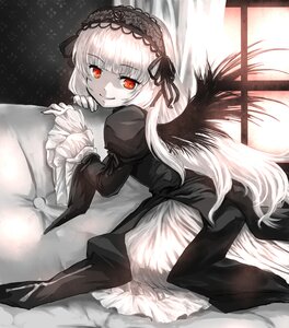 Rating: Safe Score: 3 Tags: 1girl closed_mouth doll_joints dress eyebrows_visible_through_hair frilled_sleeves frills gothic_lolita hairband image joints juliet_sleeves lolita_fashion long_hair long_sleeves looking_at_viewer red_eyes rose smile solo suigintou wings User: admin