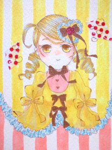 Rating: Safe Score: 0 Tags: 1girl apple blonde_hair checkered checkered_background checkered_floor cherry drill_hair food fruit hair_ornament hat image kanaria solo strawberry striped tomoe_mami traditional_media twin_drills twintails vertical_stripes yellow_eyes User: admin
