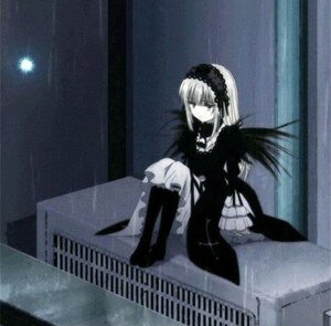 Rating: Safe Score: 0 Tags: 1girl building city dress frills hairband image long_hair long_sleeves monochrome night outdoors photo rain sitting solo suigintou water wings User: admin