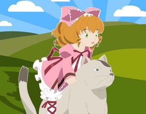Rating: Safe Score: 0 Tags: 1girl animal bow cat cloud curly_hair day dress earrings frills green_eyes hair_bow hinaichigo image jewelry open_mouth pink_bow ribbon sky smile solo white_legwear User: admin