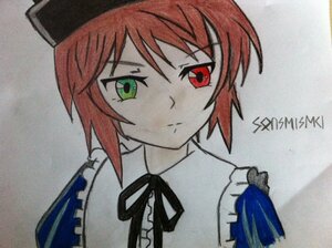 Rating: Safe Score: 0 Tags: 1girl black_neckwear black_ribbon closed_mouth frills green_eyes hat heterochromia image looking_at_viewer neck_ribbon portrait red_eyes ribbon short_hair simple_background solo souseiseki upper_body User: admin