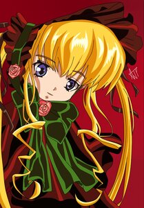 Rating: Safe Score: 0 Tags: 1girl blonde_hair blue_eyes bonnet bow dress flower green_bow image long_hair long_sleeves looking_at_viewer pink_flower pink_rose red_flower red_rose rose shinku simple_background solo twintails upper_body User: admin