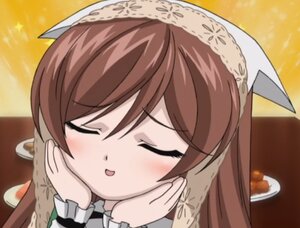Rating: Safe Score: 0 Tags: 1girl blush brown_hair closed_eyes cup eyebrows_visible_through_hair facing_viewer food frills hands_on_own_cheeks hands_on_own_face image long_hair long_sleeves screenshot smile solo suiseiseki table User: admin