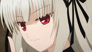 Rating: Safe Score: 3 Tags: 1girl auto_tagged bangs close-up closed_mouth face hair_ribbon image looking_at_viewer red_eyes ribbon simple_background smile solo suigintou User: admin